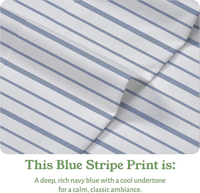 California Design Den 100% Organic Cotton King Size Bed Sheets, 4 Pc Set | GOTS Certified, Lightweight Crisp & Airy Percale For Hot Sleepers, 15" Deep Pocket, All-around Elastic - Blue Stripe Print