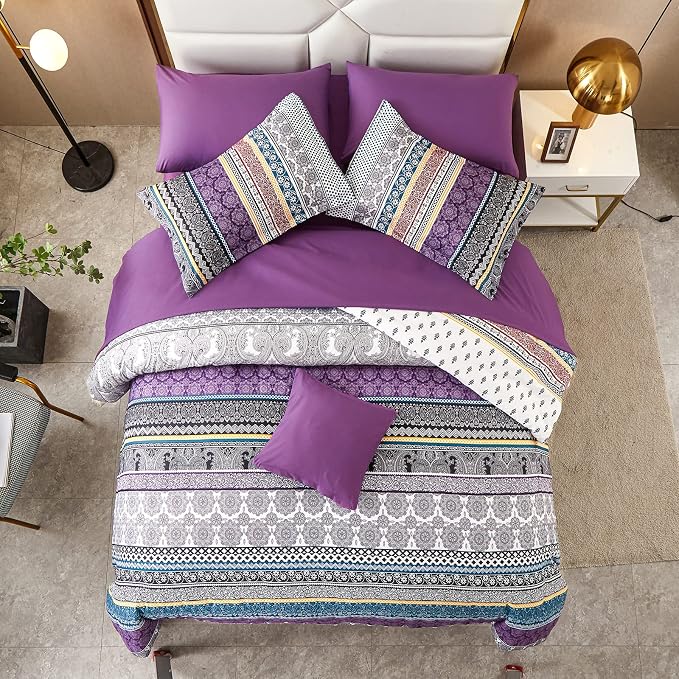 Cottolester Boho Comforter Set Full Size 8 Piece Bed in a Bag Bohemian Striped Bedding Quilt Set Purple Paisley Floral Comforter and Sheet Set,Soft Microfiber Complete Bedding Sets for All Season