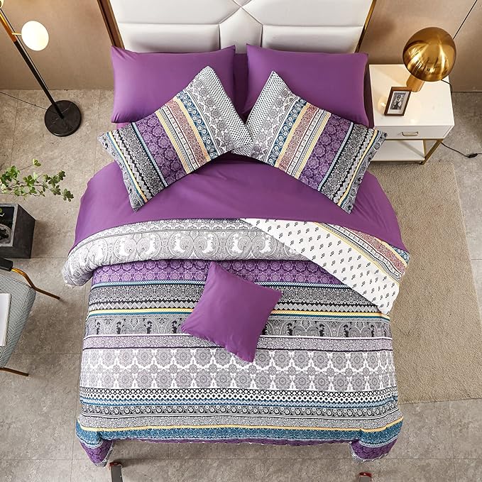 Boho Comforter Set California King Size,8 Piece Bed in a Bag Bohemian Striped Bedding Quilt Set,Purple Paisley Floral Comforter and Sheet Set,Soft Microfiber Complete Bedding Sets for All Season