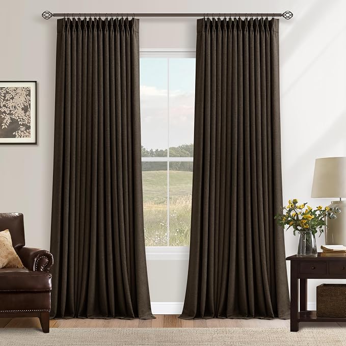 Dark Brown Pleated Double Layer Thick Linen Curtains 90 Inches Long | for Bedroom Living Room, Memory Trained, Pinch Pleat, 100% Blackout, Thermal Noise Blocking, Rustic Windows Drapes 2 Panels
