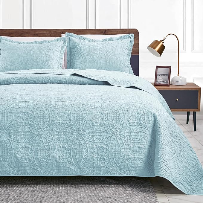 Love's cabin Quilts for Queen Bed Spa-Blue Bedspreads - Soft Bed Summer Lightweight Bedspread Comforter - Modern Style Coin Pattern Coverlet for All Season - 3 Pieces (1 Quilt, 2 Pillow Shams)
