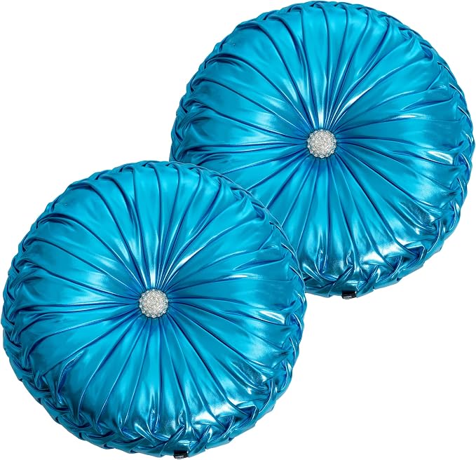 HIG Set of 2 Blue Metallic Leather Decorative Round Pleated Throw Pillows | Vintage Floor Pillows, Classy Accent Pumpkin with Center Button, for Sofa Couch Vanity Chair Bed, 14.5" Diameter