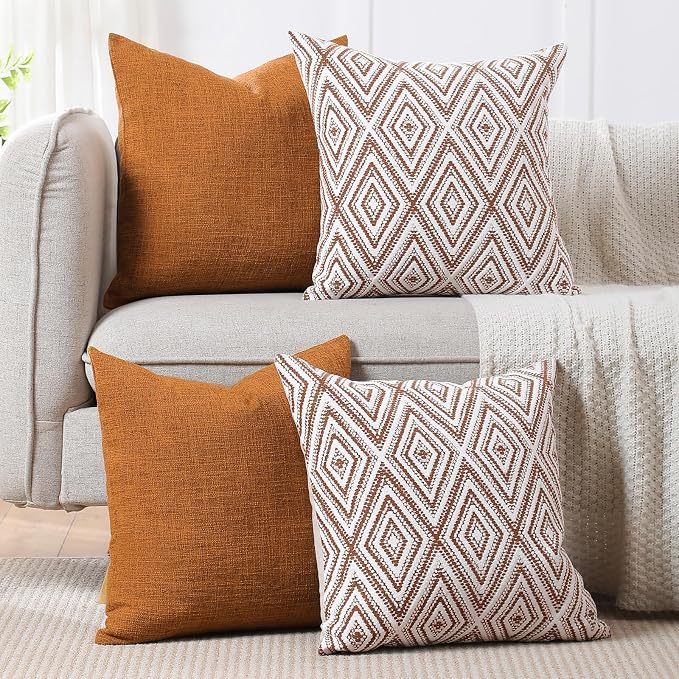 HPUK Throw Pillow Covers 18x18, Set of 4, Golden Brown Couch Pillow Covers | Polyester fabric, patterned and solid designs, hidden zippers, machine washable, for sofas and beds, inserts not included
