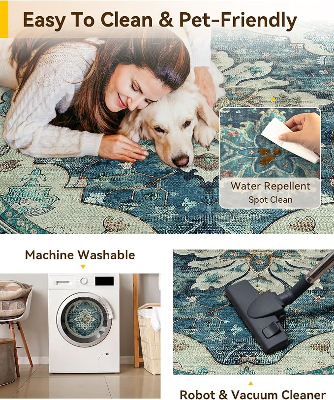RELEANY Washable Area Rug, Round 7ft, Blue/Vintage Dark Blue | Non-Slip, Water Repellent, Pet Friendly, Easy to Clean, Vintage Floral Boho Decor for Living Room Bedroom Dining Room
