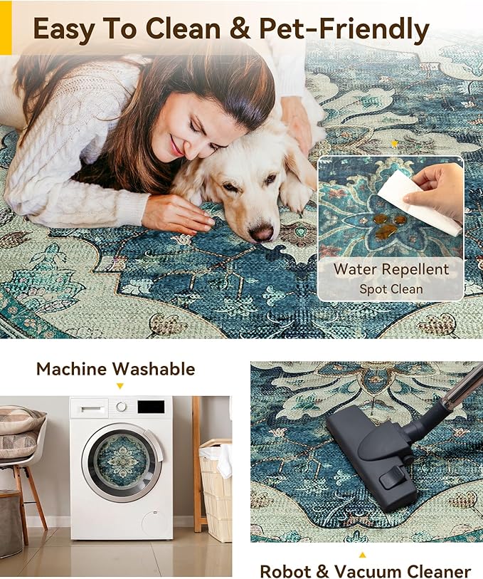RELEANY Washable Area Rug, Round 10ft, Blue/Vintage Dark Blue | Non-Slip, Water Repellent, Pet Friendly, Easy to Clean, Vintage Floral Boho Decor for Living Room Bedroom Dining Room