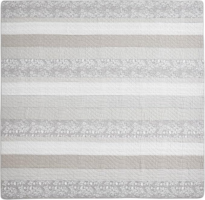 Chezmoi Collection Robyn 3-Piece Gray Taupe White Floral Hibiscus Flower Patchwork Striped Quilt Set - Pre-Washed Soft Lightweight Reversible Cotton Bedspread Coverlet for All Season, Queen Size