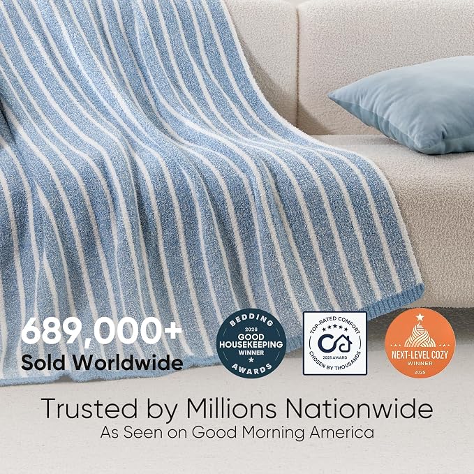 Snuggle Sac Ultra Soft Blue Throw Blanket for Couch, Reversible Cozy Knitted Ribbed Blankets, Fuzzy Knit Striped Throws for Sofa, Bed, Home Decor, Blue 50"x60"