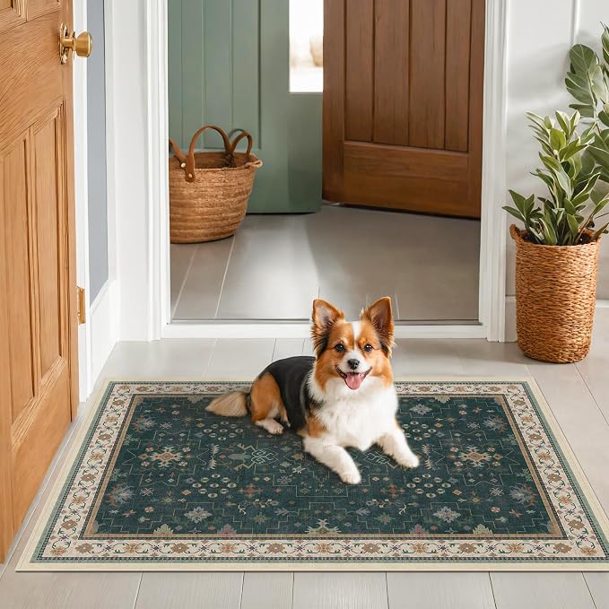 Dark Green Oushak 3x4 Large Entryway Rug - Modern Vintage Boho Floral, Washable Low Pile Non-Slip Area Rugs for Door Mat Indoor Entrance, Kitchen, Bedroom Beside Bed