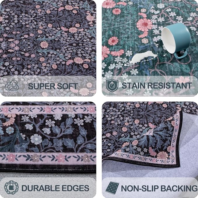 Area Rug for Living Room, 10x12 Large Washable Rugs for Dining Room, Bedroom, Non Slip Stain Resistant Carpet, Low Pile Vintage Floral Rug (Black)