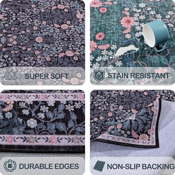 Vintage Black Living Room Rug, 9x12 Washable Area Rugs for Dining Room Under Table, Soft Low Pile Large Carpet Bedroom, Non-Slip Boho Floral (9 x 12 Black)