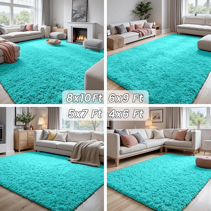 4x6 Fluffy Shag Area Rugs for Living Room Bedroom: Soft Carpet Teal Blue | Upgraded Non-Slip Thick Memory Foam, Ultra Soft, Non-Shedding Fuzzy Carpet, Easy Clean Decor for Kids Room, Nursery, Playroom
