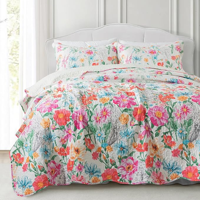 Quilt Bedspread Sets- Dreamy Flowers Reversible Coverlet Set,Queen Size