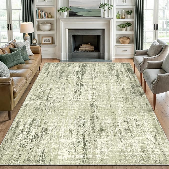 3x5 Rug Non Slip, Abstract Washable Entryway Rug for Bedroom Green | Soft & Lighweight, Folable, Stain Resistant Low Pile Thin Indoor Distressed Carpet Rugs for Living Room,Laundry Room,Kitchen