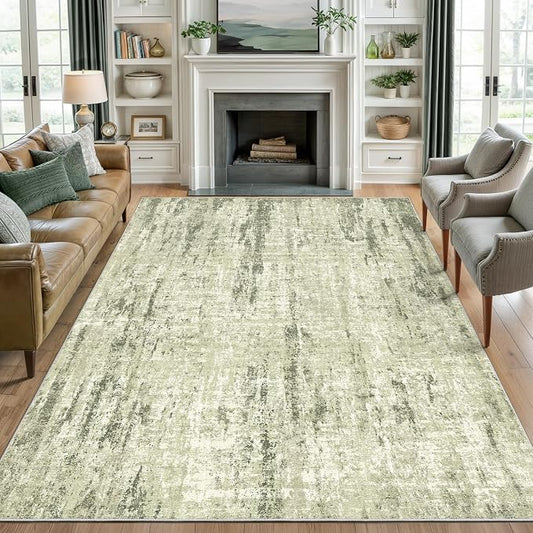 Washable Rugs 5x7, Non Slip Large Area Rugs for Living Room, Green | Soft & Lighweight, Folable, Stain Resistant Low Pile Thin Indoor Distressed Carpet Rugs for Bedroom,Laundry Room,Kitchen