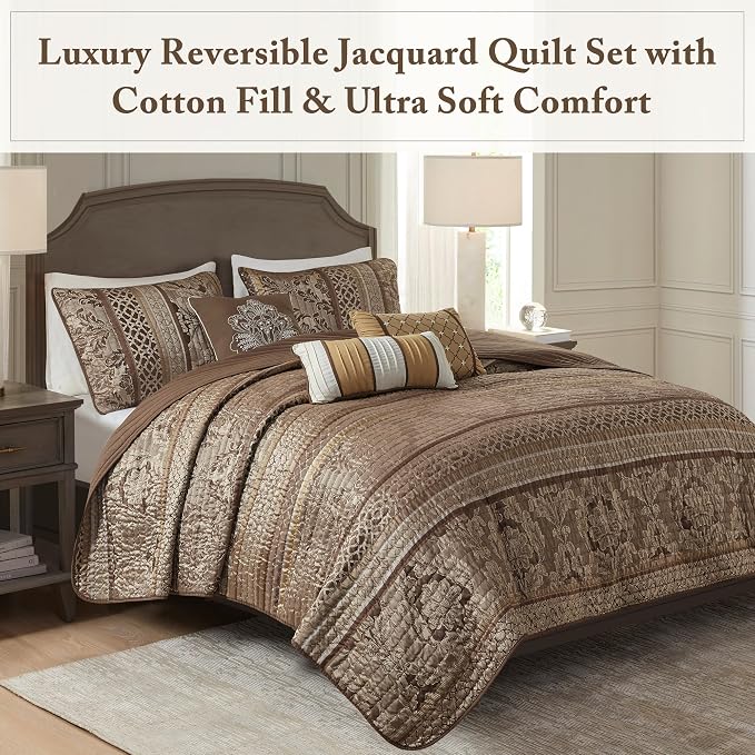 Madison Park Traditional Jacquard Quilt Set, 6PC King/Cal King Coverlet | Damask Design, All Season, with Shams, Decorative Pillows, Lightweight, Reversible, Brown/Gold