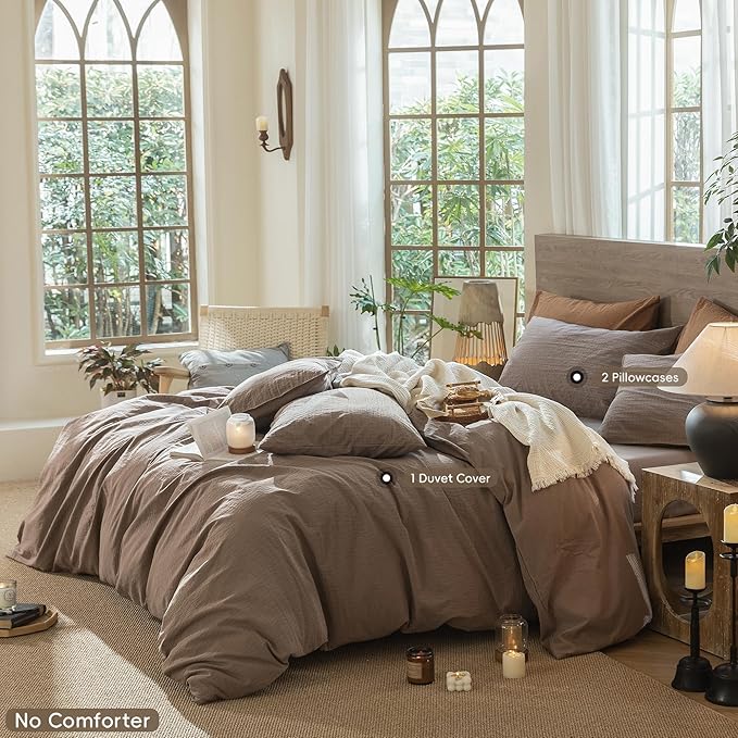 MooMee Wavy Striped Duvet Cover Set 100% Washed Cotton Linen Like Textured Breathable Durable Soft Comfy (Brown, Queen 90"x90")