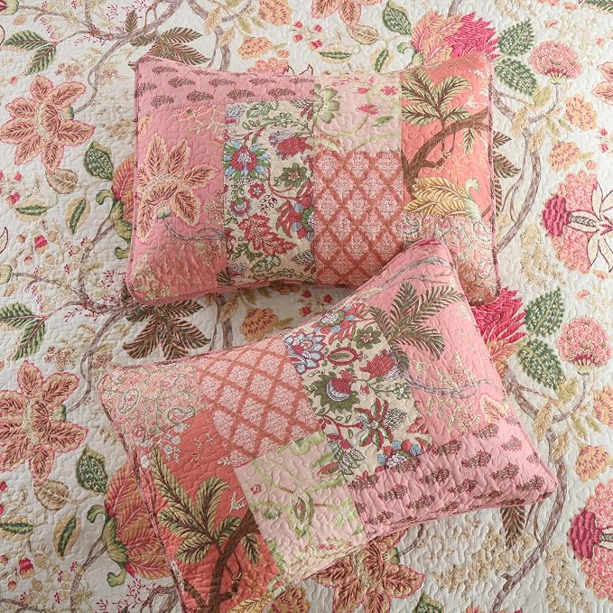 Cotton Patchwork Bedspread, 3-Piece Bedding Quilt Set with Real Stitched Embroidery, Reversible Matelasse Bed Coverlet Set,Bohemian Floral, King Size