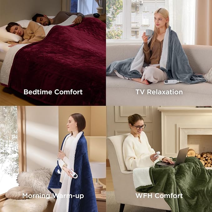 Bedsure Heated Blanket Twin Size, Electric Blanket with Preheat, Burgundy | 6 Heat/6 Timer Settings, 8H Auto Shut-Off, ETL/FCC, Soft Flannel Sherpa, Machine Washable, Gifts for Grandma Grandpa, 62x84in