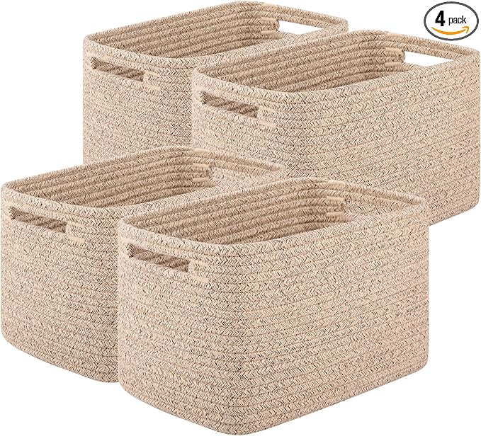 OIASKET 4Packs Natural Cotton Rope Storage Baskets for Organizing Toys, Clothes, Towels & Books, Soft Versatile Organizers for Shelves, Home Decorative Bins, 13''Lx9''Wx7.8''H, Brown