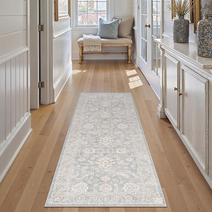 2x6 Blue Cream Neutral Runner Rug | Washable, Vintage, Soft, Non Slip, Low Pile, Distressed, Carpet for Kitchen Hallway Bathroom Indoor Nursery Home Decor