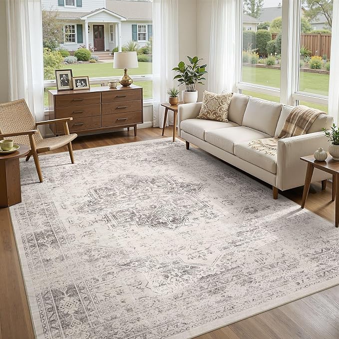UERMEI 9x12 Area Rug Living Room Rugs - Washable Vintage Soft Large Rug Indoor Floor No Slip Rug Carpet for Bedroom Farmhouse Under Dining Table Home Office Decor - Beige/Camel