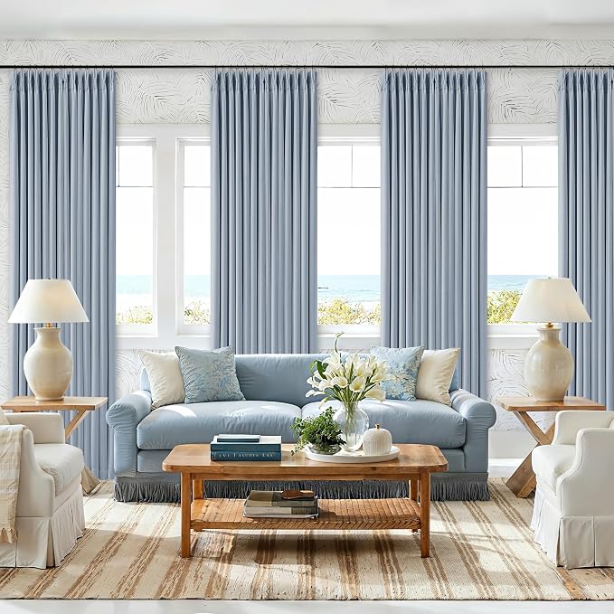 Light Blue Linen Memory Trained Black Out Pleated 105 Inch Curtains 2 Panel | 100% Blackout Drapes with Liner, for Dining Kids Girls Bedroom, Pinch Pleat with Hooks Rings, Thermal Insulated Soundproof