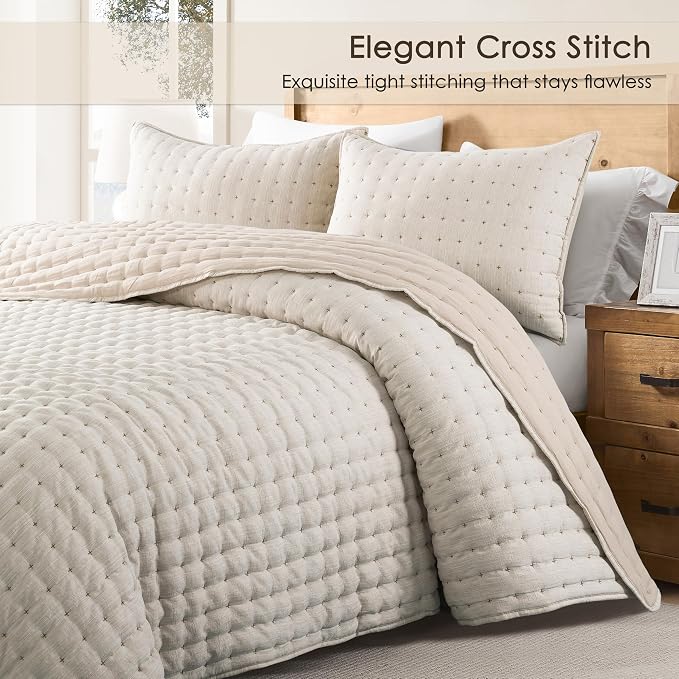 WDCOZY Beige Cloud Quilt Set King Size, Lightweight Soft Cross Stitch Bedspread, Textured Like Linen, Farmhouse Rustic Country Coverlet, Spring Summer Thin Comforter, 3 Pieces, 104x90 inches