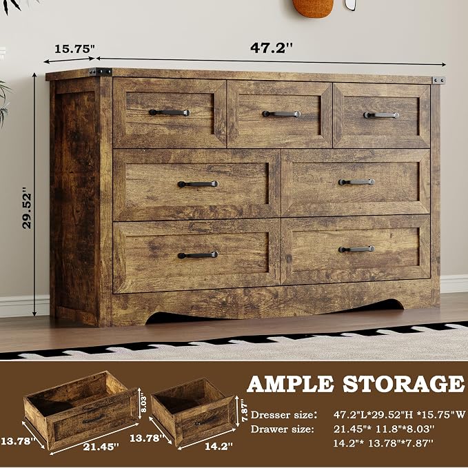 BORNOON 7-Drawer Dresser for Bedroom, Modern Wooden Chest of Drawers with Metal Handles, Anti-Tipping Design, Sturdy and Stable Storage Organizer for Living Room, Entryway, Home Office