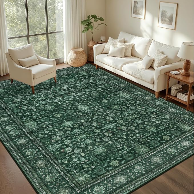 10x12 Area Rugs Living Room: Washable Rug for Bedroom Deep Green | Vintage No Slip Stain Resistant Rug Soft Indoor Decor Floor Floral Area Rugs for Dining Room, Nursery, Hallway, Home Office