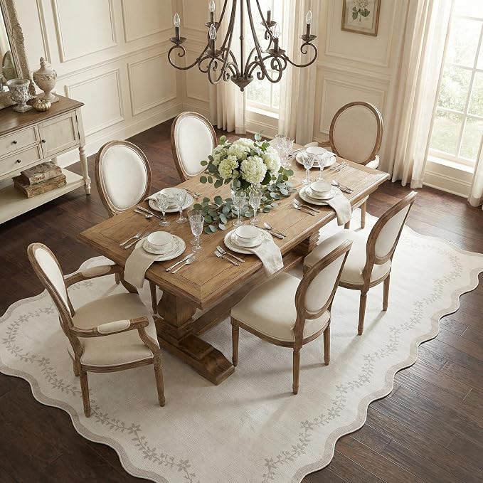 GarveeHome 5x7 Scalloped Area Rug Beige Washable Bedroom Living Room Rug | Soft Floral Low Pile Non Slip Accent Floor Mat Solid Print Throw Rug Indoor Carpet for Dining Room Dorm Playroom