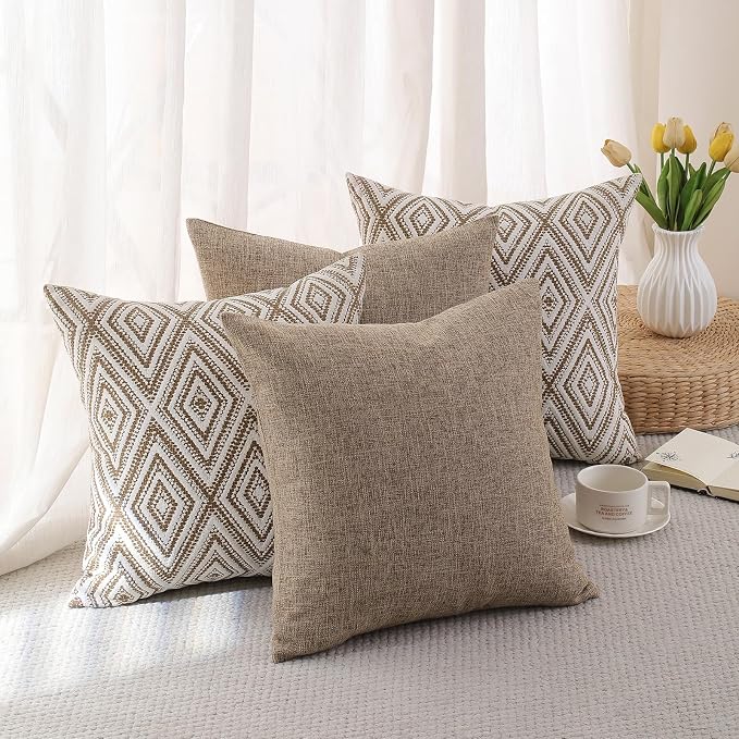 HPUK Throw Pillow Covers 20x20, Set of 4, Light Brown Couch Pillow Covers | Polyester fabric, patterned and solid designs, hidden zippers, machine washable, for sofas and beds, inserts not included