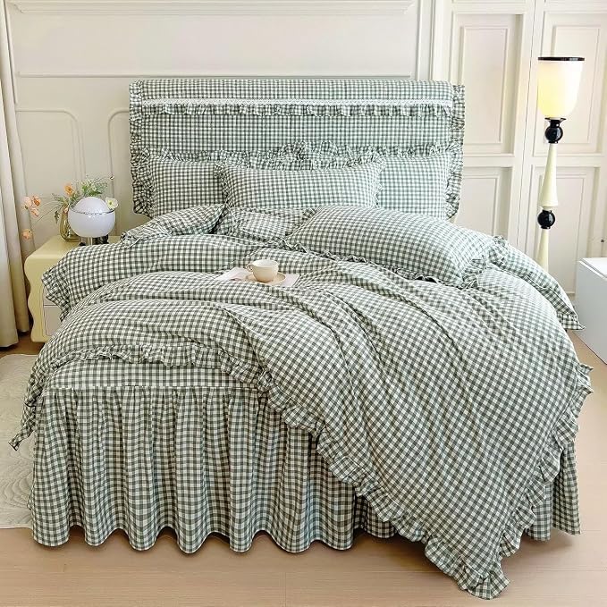 LifeTB Green Gingham Comforter Set King 3 Pieces Ruffle Plaid Comforter Set Chic Grid Bed Comforter with 2 Pillowcases Fluffy Soft Checkered Pattern Comforter Gingham Bedding Comforter King