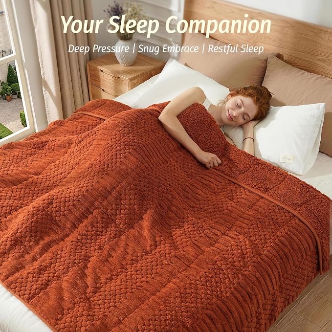 Sherpa Fleece Weighted Blanket for Adults, Orange 60" x 80" 15 lbs | Queen Size Bed, Super Soft Fuzzy Heavy Throw Blankets for Better Sleep and Relaxation, Jacquard Knitted, Chunky Warm Fluffy