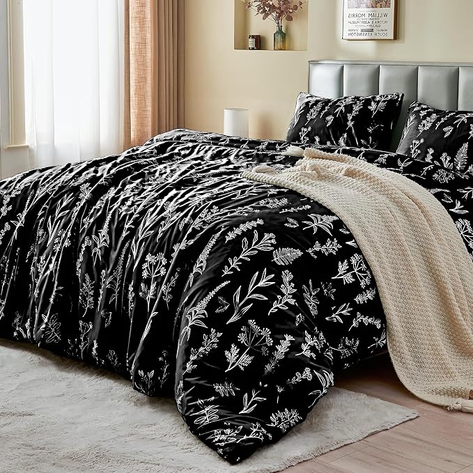 MUXHOMO Duvet Cover Twin/Twin XL Size Set, Reversible Floral Forest Black Duvet Cover with Zipper Closure, 2 Pieces Botanical Patterns Soft Microfiber Bedding Set with 4 Ties (68"x90", 1 Pillow Case)