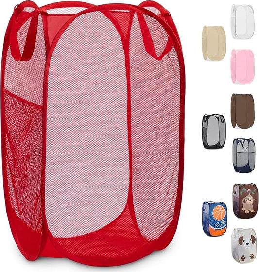 Handy Laundry Collapsible Mesh Pop Up Laundry Hamper with Side Pocket – Breathable, Space-Saving, Durable Basket for Clothes, Toys, Travel & Storage, 14 x 13 x 24 in, Red