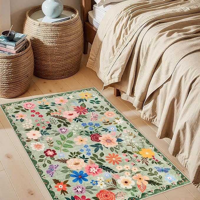 PLHXFR 2x3 Small Entryway Rug: Floral Washable Indoor Soft Carpet Green | For Entrance, Bedroom, Kitchen, Laundry, Bathroom,Door Mat,Vintage Floral,Machine washable,Non-Slip,Stain Resistant,Indoor
