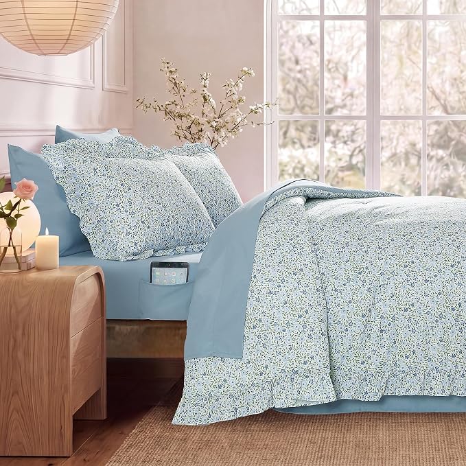 King Size Comforter Set-7 Pieces Floral Ruffle Bedding Set | Blue Ditzy Bed in a Bag, Soft Lightweight All Season Farmhouse King Size Bedding Sets with Sheets, Pillowcases & Shams