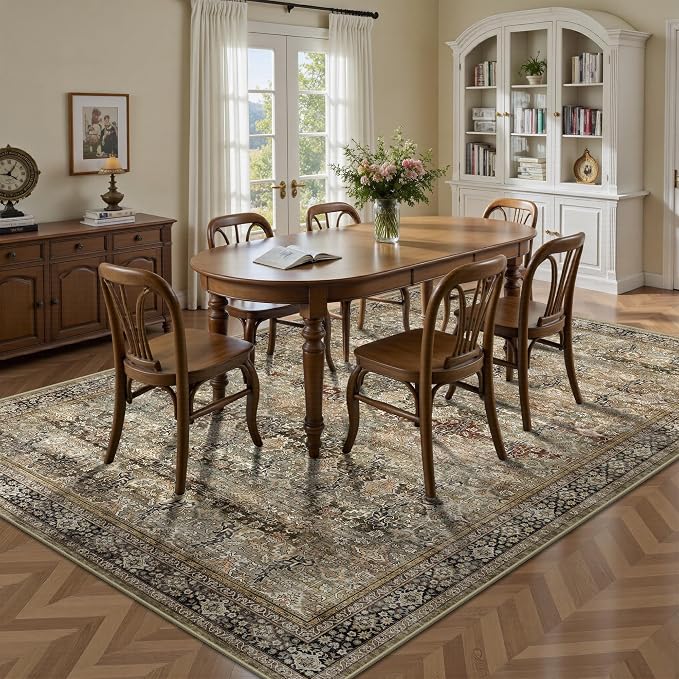 5x7 Area Rugs - Washable Vintage Retro Living Room Rug, Soft Ultra Thin Non Slip Low Pile Traditional Distressed Boho Carpet for Bedroom Dining Room Nursery Home Office, Charcoal Olive