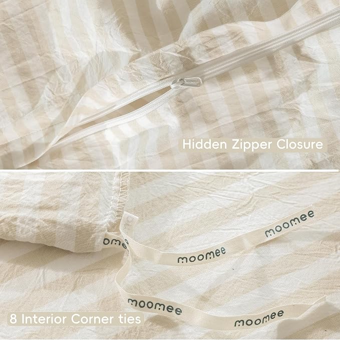 MooMee Striped Duvet Cover Set 100% Washed Cotton Linen Like Queen | Relaxed Linen-like Texture. Soft, Breathable & Long-lasting Comfort. Lightweight. Hidden Zipper with 8 Interior Corner Ties