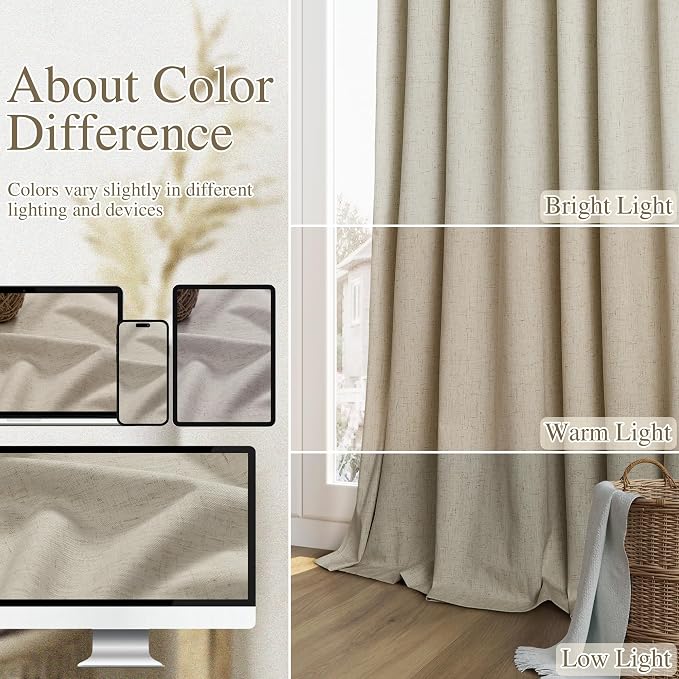 Extra Long 100% Blackout Linen Curtains for Bedroom 120 inches Long, Thermal Insulated Room Darkening Black Out Drapes for Living Room, Back Tab Rod Pocket 2 Panels Set,Ecru,52x120