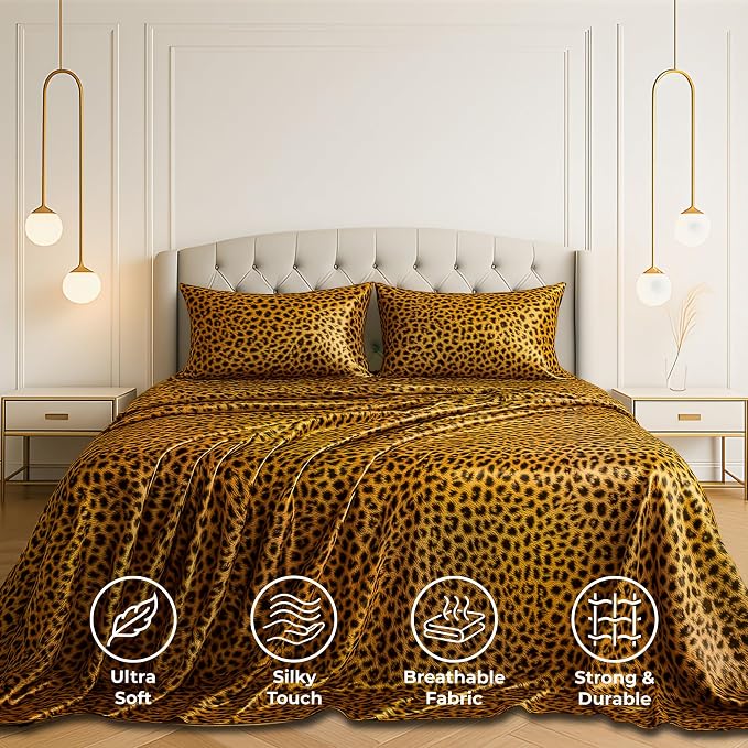 Satin Sheets Full [4-Piece, Gold Leopard] Hotel Luxury Silky Bed Sheets - Extra Soft 1800 Microfiber Sheet Set, Wrinkle, Fade, Stain Resistant - Deep Pocket Fitted Sheet, Flat Sheet, Pillow Cases