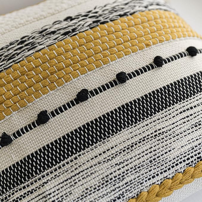 Boho Decorative Throw Pillow Cover 22x22 Square Yellow Mustard Accent Pillowcase Tassels Farmhouse Cushion for Couch Sofa Bedroom Living Room Home Décor Cover ONLY (Pack of 1)