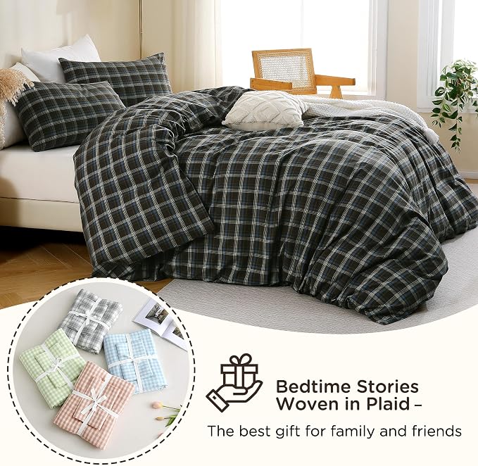 TOCOMOA Buffalo Plaid Duvet Cover Set 100% Washed Cotton Like Linen, Queen | Linen-Like Feel Soft, Breathable & Comfy for All Season. Brown Blue Bedding Set with Zipper & 8 Ties. 3 Pcs, No Insert