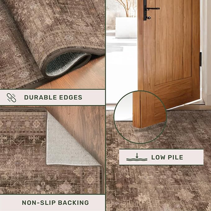 Brown Boho Washable 2x7 Runner Rugs for Hallway Kitchen Bedroom Beside Laundry Room Bathroom Rug, Pet & Kids Friendly, Non Slip Low Pile Stain Resistant Soft Faux Wool Long Dark Earthy Floor Carpet