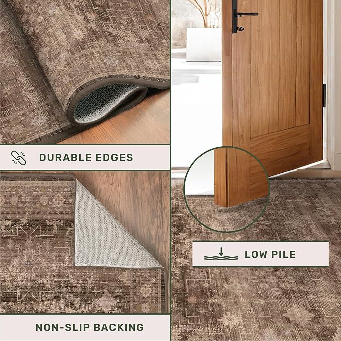 Brown 2x5 Entryway Runner Rugs, Small Runners for Kitchen, Door Mat Indoor Entrance, Bathroom, Non-Slip Low-Pile Washable Stain Resistant, Vintage Taupe Earthy Decor