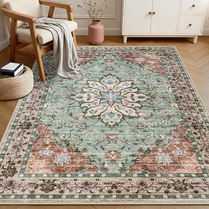 6x9 Area Rugs Living Room: Washable Rug for Bedroom Brown Green | Boho No Slip Stain Resistant Rug Soft Indoor Decor Floor Floral 6x9 Area Rugs for Dining Room, Nursery, Hallway, Home Office