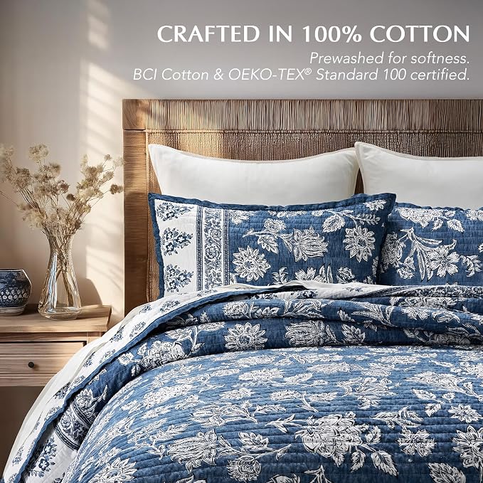 EverGrace 100% Cotton Floral Quilt Set, Queen Size, Indigo Blue 92"×96" | Reversible Lightweight Bedspread Coverlet, Vintage Floral Farmhouse Bedding,Traditional Block Print Quilt with 2 Pillow Shams
