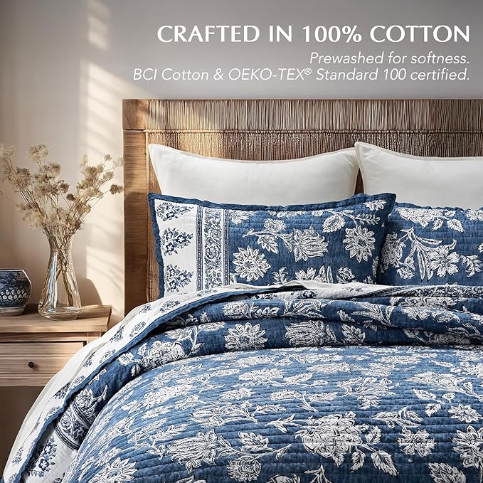 EverGrace 100% Cotton Floral Quilt Set, King Size, Indigo Blue 108"×96" | Reversible Lightweight Bedspread Coverlet, Vintage Floral Farmhouse Bedding,Traditional Block Print Quilt with 2 Pillow Shams