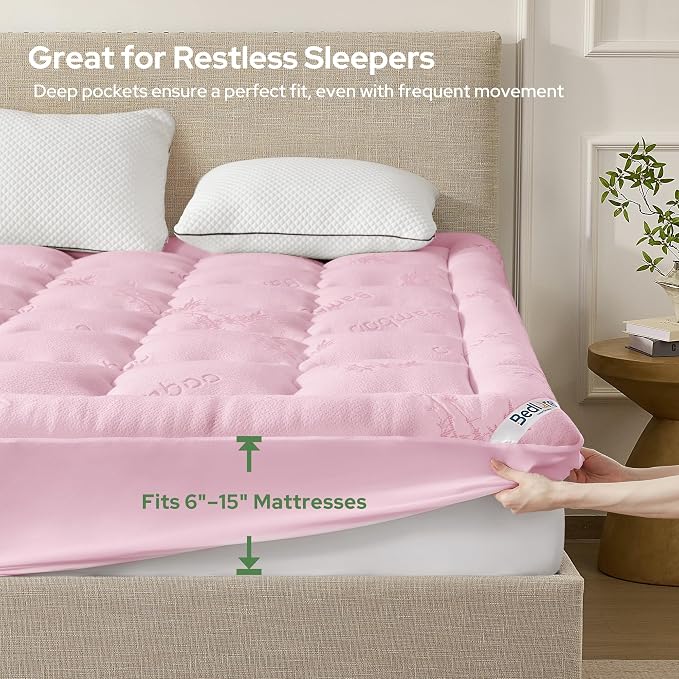 BEDLORE Twin Mattress Topper Viscose Bamboo, Thick Pillow Top Mattress Pad | Stretchable Pockets Fit 6"-15" Mattress, Soft Breathable Mattress Topper for Back Pain Relief and Hot Sleepers(Pink)