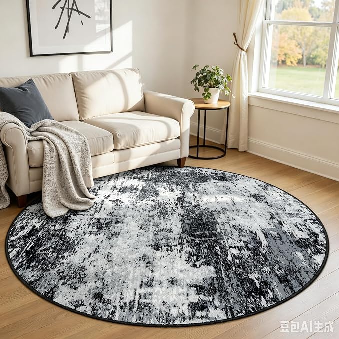 RELEANY Washable Round 6ft Area Rug for Living Room Black White | Carpet for Bedroom, Kitchen, Office, Hallway and Entryway, Printed Pattern, Non‑Slip, Soft, Stain‑Resistant, Easy to Clean